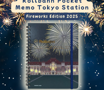 Rollbahn Pocket Memo Tokyo Station Fireworks Edition 2025 featuring a dreamy cover with fireworks above Tokyo Station. A limited-edition Japanese notebook with grid pages and storage pockets.
