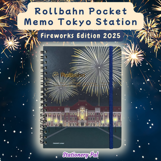 Rollbahn Pocket Memo Tokyo Station Fireworks Edition 2025 featuring a dreamy cover with fireworks above Tokyo Station. A limited-edition Japanese notebook with grid pages and storage pockets.