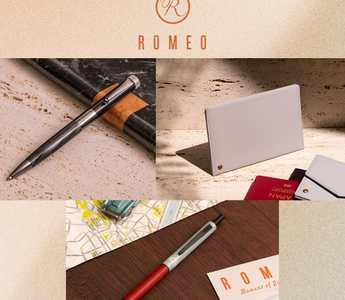 Itoya ROMEO stationery 2025 release featuring the ROMEO No.3 Obsidian Black ballpoint pen, ROMEO No.4 Gulf Blue multi-function pen, and stylish RFID passport pocket.