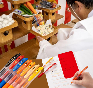 Zebra Sarasa Clip gel pens Study Support edition featuring lucky charm designs including daruma dolls, maneki-neko cats, and bells, blessed at Nogi Shrine in Japan, available in seven vibrant ink colors perfect for students and studying