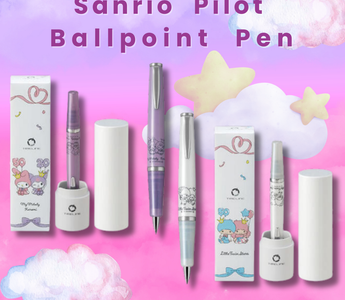 Limited edition Sanrio Pilot Ballpoint Pen 2025 featuring My Melody, Kuromi, and Little Twin Stars with a shimmering pearl finish, perfect for Sanrio fans and pen collectors.