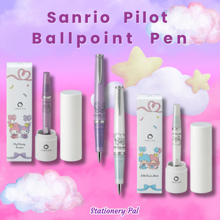 Limited edition Sanrio Pilot Ballpoint Pen 2025 featuring My Melody, Kuromi, and Little Twin Stars with a shimmering pearl finish, perfect for Sanrio fans and pen collectors.