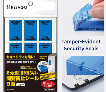 Tamper-evident security seals by Hisago in red, blue, and black. These no-residue seals show “Opened” when removed, helping prevent tampering and keeping packages secure.