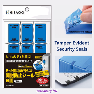 Tamper-evident security seals by Hisago in red, blue, and black. These no-residue seals show “Opened” when removed, helping prevent tampering and keeping packages secure.