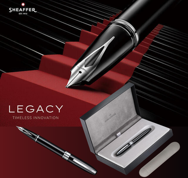 Sheaffer Legacy fountain pen black lacquer with medium inlay nib, cigar-shaped body, and premium design for collectors, journaling, and luxury writing in 2025.