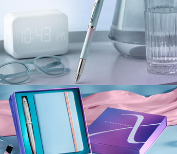 Sheaffer Expressions Collection featuring pearl gradient fountain pen in light blue to pink and VFM blue to purple ballpoint pen with matching pastel mini notebook gift box for stationery lovers