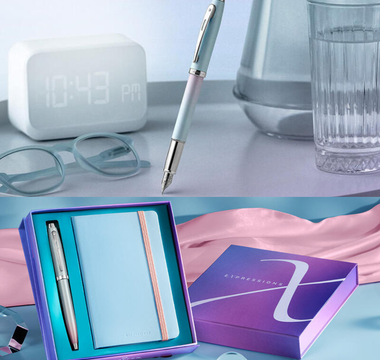 Sheaffer Expressions Collection featuring pearl gradient fountain pen in light blue to pink and VFM blue to purple ballpoint pen with matching pastel mini notebook gift box for stationery lovers