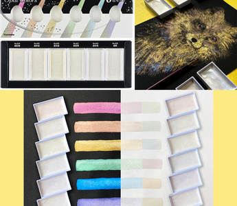 Gansai Tambi Opal Colors 6-color set by Kuretake, a shimmering watercolor collection that shifts shades with light and paper, perfect for artists and stationery lovers.