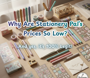 Colorful Japanese stationery on a desk, illustrating "Why Are Stationery Pal's Prices So Low? And yes, it's 100% Legit!" showing quality and affordability.