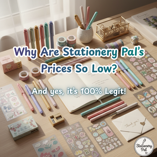 Colorful Japanese stationery on a desk, illustrating "Why Are Stationery Pal's Prices So Low? And yes, it's 100% Legit!" showing quality and affordability.