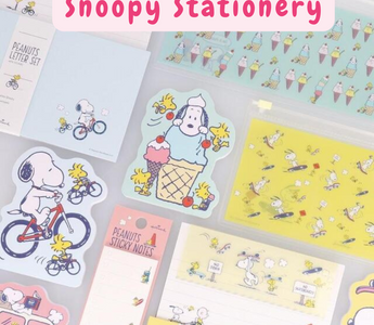 Snoopy stationery 2025 summer collection by Hallmark Japan featuring letter sets with stickers, memo pads, sticky notes, and slider cases in fresh seasonal designs.