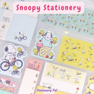 Snoopy stationery 2025 summer collection by Hallmark Japan featuring letter sets with stickers, memo pads, sticky notes, and slider cases in fresh seasonal designs.