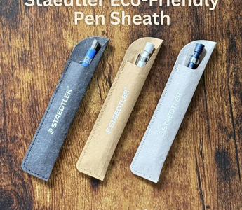 Staedtler eco-friendly pen sheath made of washable paper in gray, black, and camel colors, designed to protect fountain pens and mechanical pencils while staying slim, durable, and sustainable.