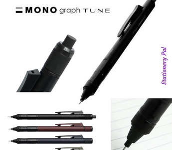 Tombow Monograph Tune matte black mechanical pencil 2025 featuring sleek all-black design, four stylish colors, and a black MONO eraser for clean, neat writing.
