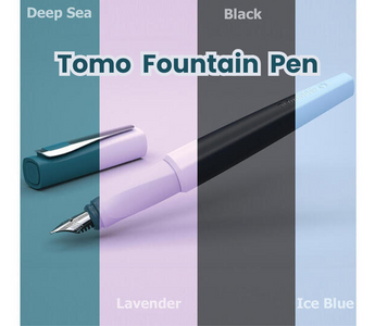 Tomo fountain pen by Schneider with ergonomic grip, award-winning design, and eco-friendly build. Perfect for left- and right-handed writers in four stylish colors.