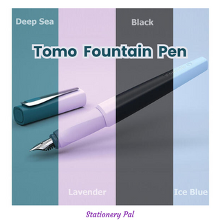 Tomo fountain pen by Schneider with ergonomic grip, award-winning design, and eco-friendly build. Perfect for left- and right-handed writers in four stylish colors.
