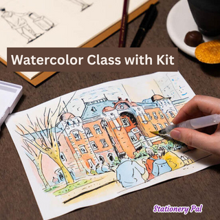 Lakit urban sketching online class teaches beginners how to sketch city scenes with watercolor. Includes a kit with pen, paints, and paper for easy step-by-step lessons.