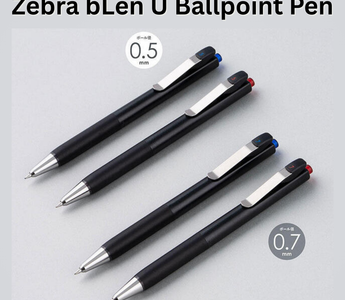 Close-up of the Zebra bLen U ballpoint pen in black body with new red and blue ink options, designed for smooth, stress-free writing and everyday use.