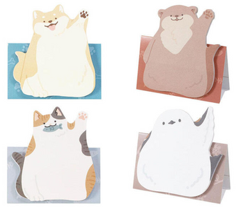 Kutsuwa Cute Sticky Notes featuring adorable animal designs like cats, dogs, and pandas, with extra writing space and a stand-up feature for fun desk organization.