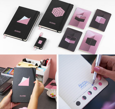 Moleskine BLACKPINK notebook limited-edition collection featuring album cover designs and cube icon symbolizing self-discovery and creative expression.