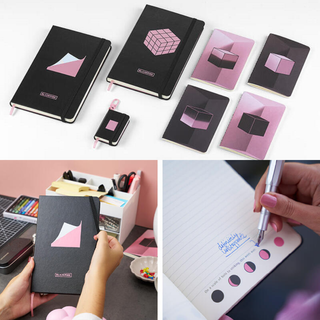 Moleskine BLACKPINK notebook limited-edition collection featuring album cover designs and cube icon symbolizing self-discovery and creative expression.