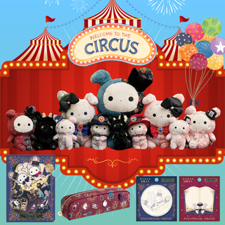 A colorful display of 2025 Sentimental Circus stationery, including memo pads, pen pouches, plush dolls, and magical accessories perfect for collectors and fans of cute Japanese stationery.