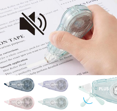 PLUS Whiper Quiet silent correction tape in four colors: Navy, Purple, Pink, and Green, featuring Silent Gear technology and Reverse Mode for quiet, precise corrections.