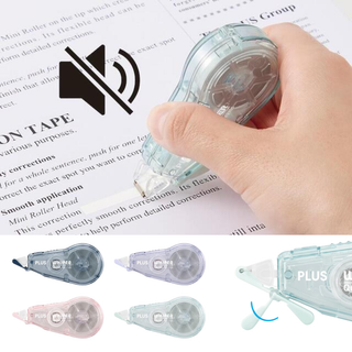 PLUS Whiper Quiet silent correction tape in four colors: Navy, Purple, Pink, and Green, featuring Silent Gear technology and Reverse Mode for quiet, precise corrections.