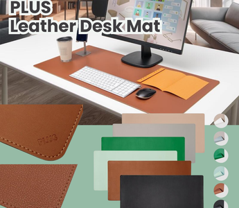 PLUS Japan Leather Desk Mat featuring smooth and soft reversible textures, available in elegant colors, perfect for students and home office setups seeking style and comfort.