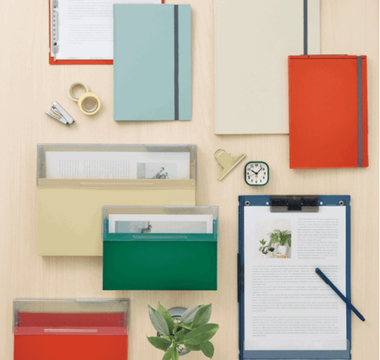 LIHIT LAB foldable document organizer with clear books and clipboards in neutral colors that fold in half for compact storage