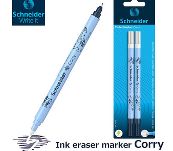 Close-up of the Schneider Cory twin-tip royal blue ink eraser pen, showing the eraser tip and fine-tip rewrite pen for clean, neat fountain pen corrections.