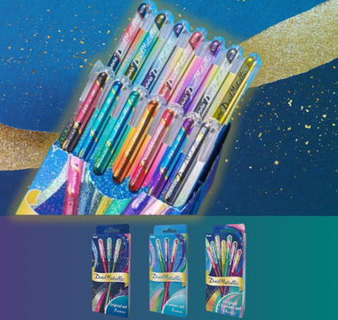 Pentel Dual Metallic glitter gel pens in 14 colors showing color-shifting sparkle ink on white and dark paper, perfect for journaling and card-making crafts.