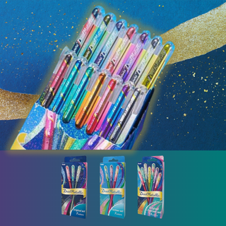 Pentel Dual Metallic glitter gel pens in 14 colors showing color-shifting sparkle ink on white and dark paper, perfect for journaling and card-making crafts.