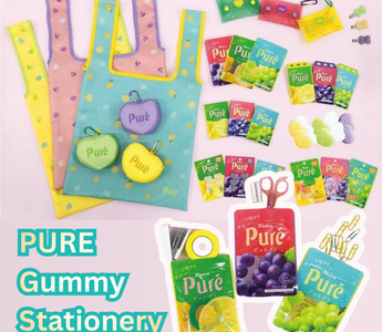 Pure Gummy Stationery collection by Funbox featuring candy-inspired pouches, heart-shaped stickers, book-style sticky notes, and colorful message cards perfect for stationery lovers.