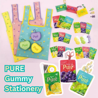Pure Gummy Stationery collection by Funbox featuring candy-inspired pouches, heart-shaped stickers, book-style sticky notes, and colorful message cards perfect for stationery lovers.