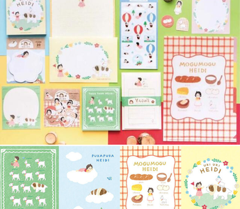 Heidi Stationery Collection 2025 by Furukawa Paper featuring kawaii Japanese memo pads, washi paper letter sets, stickers, sticky notes, and clear files inspired by Heidi Girl of the Alps.