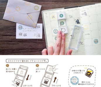 Kutsuwa Hanko Slide Japanese stamp tool featuring cute layered stamp designs, perfect for planners, journaling, and scrapbooking with smudge-free, creative results.
