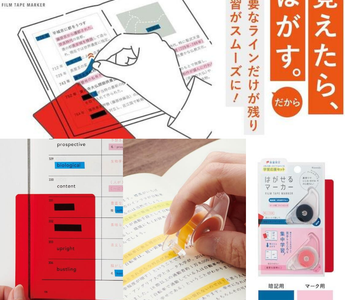 Kanmi-do peelable highlighter Study Support Set in blue, green, pink, and yellow film tape colors, displayed on a clean study desk with notebooks, perfect for memorization and mess-free note-taking for students.