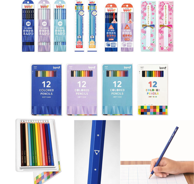 Tombow ippo! best pencils for kids featuring new plain-design hexagon writing pencils in navy, purple, and light blue, and a lightweight soft case colored pencil set for elementary students.