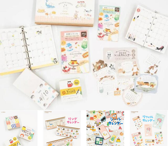 Furukawa Shiko Japanese calendar 2026 collection featuring cute daily tear-off calendars, ring desk calendars, removable sticker calendars, and M5 M6 planner refills with kawaii designs and artist collaborations by Tokoro Komugi and Tobimatsu Shoichiro