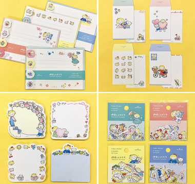 Cute Japanese stationery collection by Japan Hallmark featuring Nakayone Tomodachi letter sets, flake stickers, die-cut memo pads, and pochi bags with Haru-chan and Fuu-kun artwork.