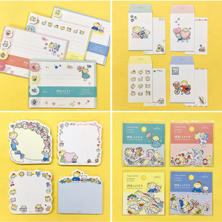 Cute Japanese stationery collection by Japan Hallmark featuring Nakayone Tomodachi letter sets, flake stickers, die-cut memo pads, and pochi bags with Haru-chan and Fuu-kun artwork.