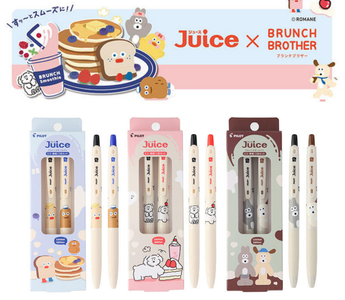 JUICE gel pen BRUNCH BROTHER limited edition collection featuring character clip pens, design body pens, 2-color sets and square ring notebook
