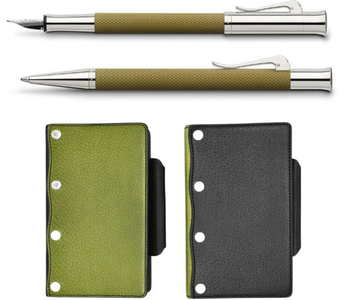 Limited edition Faber-Castell Kawacoya collaboration featuring the Olive Green Guilloche fountain pen and matching Bible-size planner, perfect for collectors, journaling, and luxury stationery enthusiasts.