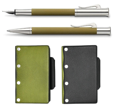 Limited edition Faber-Castell Kawacoya collaboration featuring the Olive Green Guilloche fountain pen and matching Bible-size planner, perfect for collectors, journaling, and luxury stationery enthusiasts.