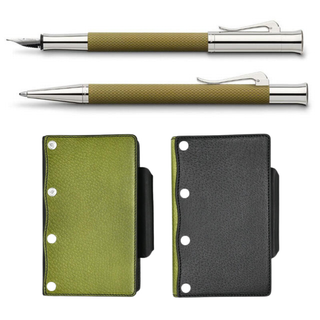 Limited edition Faber-Castell Kawacoya collaboration featuring the Olive Green Guilloche fountain pen and matching Bible-size planner, perfect for collectors, journaling, and luxury stationery enthusiasts.