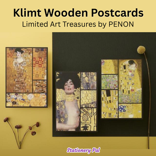 Close-up of PENON’s Klimt Wooden Postcards featuring Gustav Klimt’s famous artworks The Kiss, Judith I, and Adele Bloch-Bauer I, showcasing their embossed wooden texture and elegant gold design.