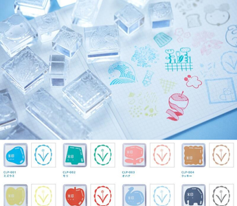 Koori-Jirushi transparent stamp by King Jim from the HITOTOKI stationery line, featuring clear ice-like design, long and animal patterns, and matching Ice Stamp Pad released in 2025.