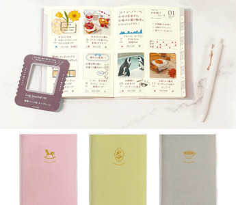 Best life logging planner for 2026 featuring Kutsuwa Log Journal with picture diary space, 3-line journal section, and daily habit tracker on grid-lined pages with stickers and creative decorations for visual memory keeping and daily routines