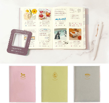 Best life logging planner for 2026 featuring Kutsuwa Log Journal with picture diary space, 3-line journal section, and daily habit tracker on grid-lined pages with stickers and creative decorations for visual memory keeping and daily routines